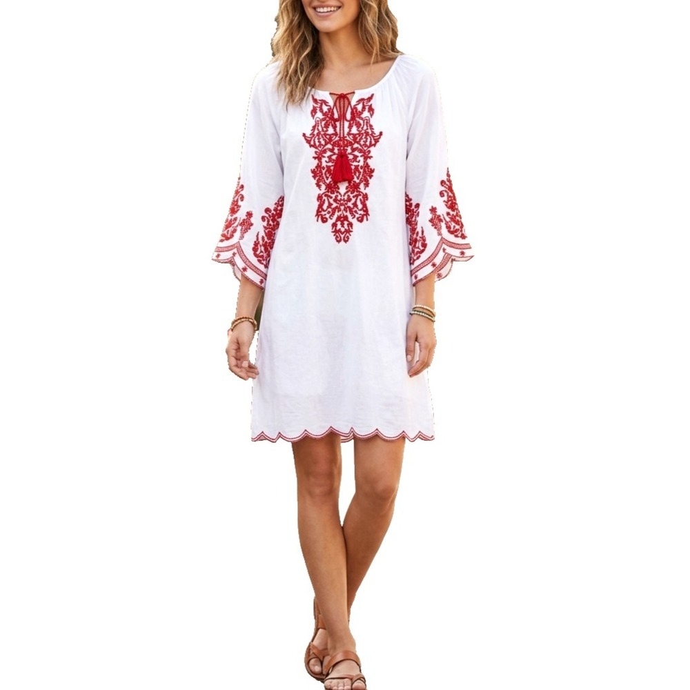 Mini Shift Summer Dress Small Sage White Embroidered 3/4 Sleeve Beach Boho‎